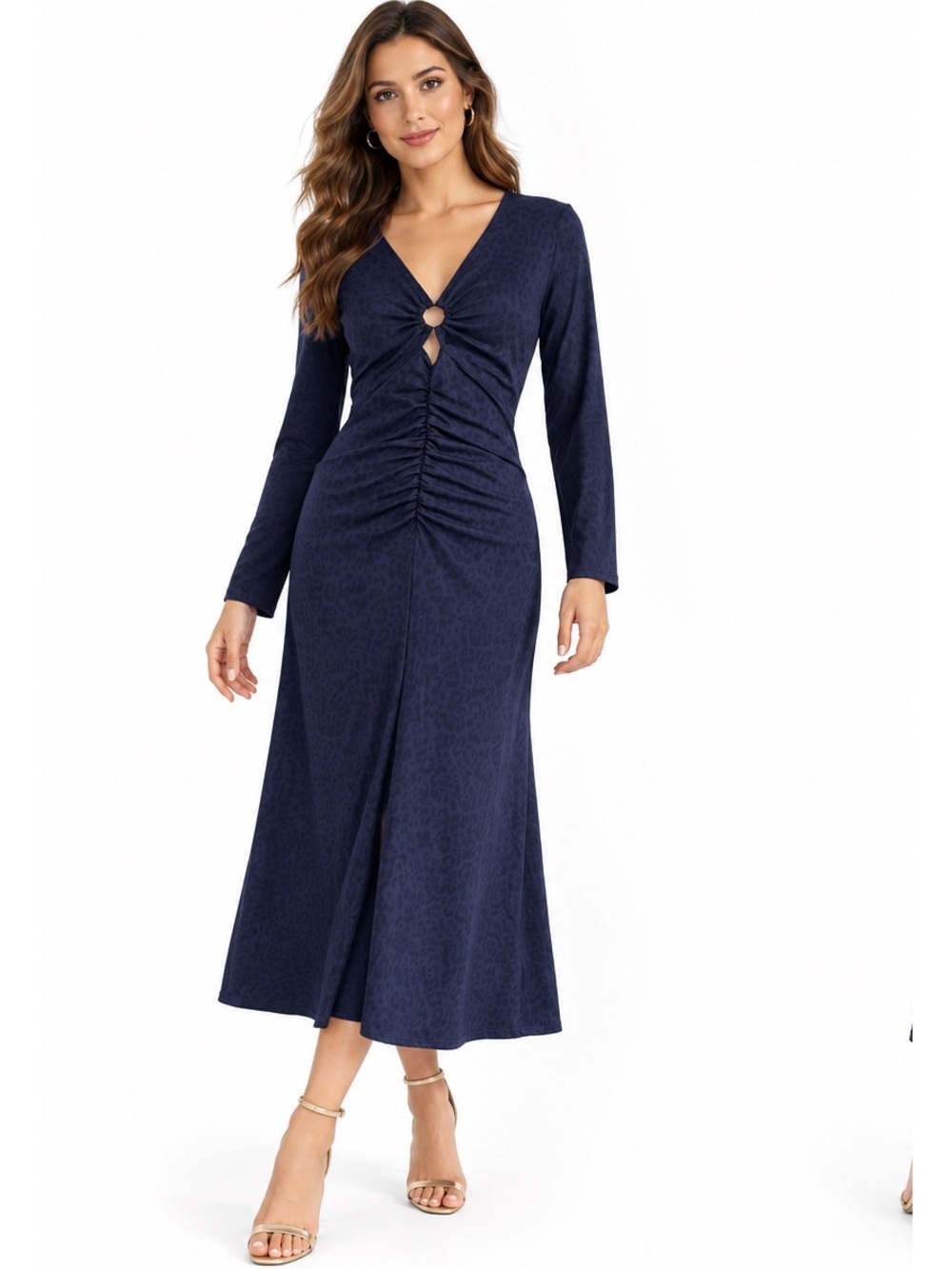Halara Navy Leopard Jacquard Maxi Dress XL Ruched Cutout Long Sleeve Stretch